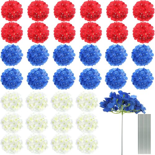 36 Pieces Hydrangea Flowers 4th of July Fake Full Hydrangea Flowers Patriotic Faux Artificial Hydrangea Flowers with Stems for Independence Memorial Day Home Kitchen Decor (Multicolor)