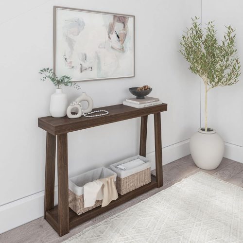 1 Solid Wood Console Table with Storage, 46 Inch, Sofa Table with Shelf, Narrow Entryway Table for Hallway, Behind The Couch, Living Room, Foyer, Easy Assembly, Walnut