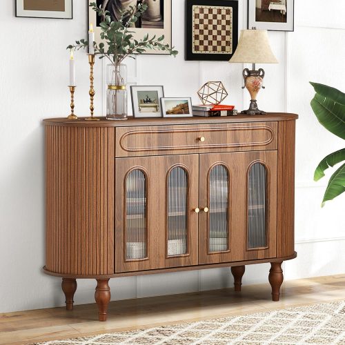 1 47'' Fluted Sideboard Buffer Cabinet with Drawer, Modern Credenza Storage Cabinet, Bar Cabinet Console Table with Tambour Sliding Side for Living Dining Room Kitchen Hallway Entryway, Walnut