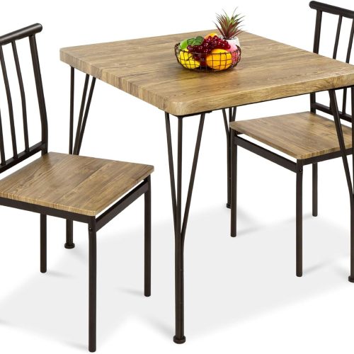 1 3-Piece Dining Set Modern Dining Table Set, Metal and Wood Square Dining Table for Kitchen, Dining Room, Dinette, Breakfast Nook w/ 2 Chairs - Brown