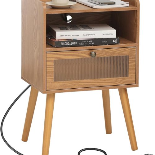 1 Mid Century Nightstand with Charging Station, Modern Bedside Table with Glass Decorative Drawer, Small End Side Table with 2 Tiers Storage for Bedroom, Office and Small Space(Brown)