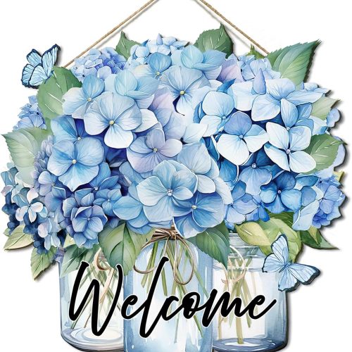 ART Welcome Sign Front Door Decor, Hydrangea Decor Farmhouse Wall Signs Decorations for Porch, Home, Housewarming Gift for New House Home Apartment, Wooden Florals Door Hanger