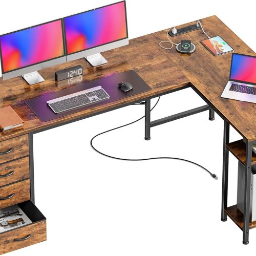 63 Inch L Shaped Desk with Fabric Drawers, Computer Office Desk with Power Outlets and USB-C Port, Corner Desk with Storage Shelves, for Gaming Work Study Home Office, Reversible, Rustic Brown