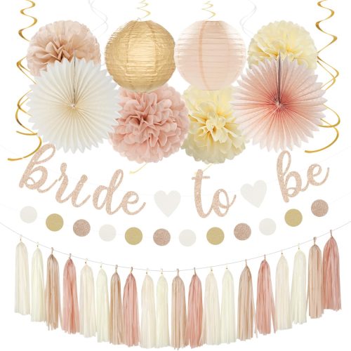 Champagne-Gold Beige Fall Bridal-Shower Party-Decorations - 36pcs Bride To Be Banner,Bachelorette Paper Lanterns,Wedding Streamers Garland,Boho Peach Tissue Pom Poms Flower Fan Decor Supplies Burgleda