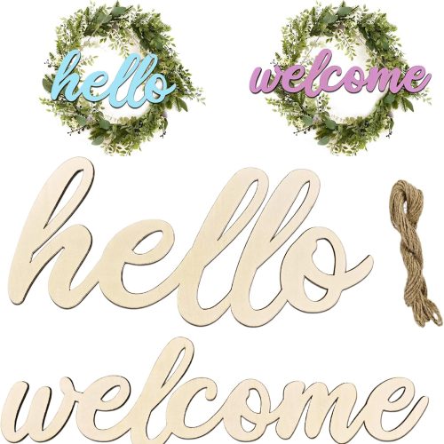 10 Pcs Unfinished Wooden Hello & Welcome Sign Wooden Cutout Letter Hello Welcome Sign for Wreath DIY Crafts Blank Decorative Word Signs for Door Wall Christmas Trees Home Decor (Wood)