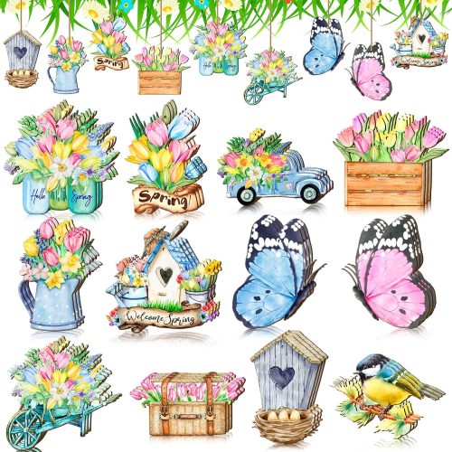 36 Pcs Vintage Spring Ornaments for Tree Decorations Wooden Hanging Tulip Floral Ornaments Spring Hawaii Decorations for Small Craft Summer holidayHome Party Decor