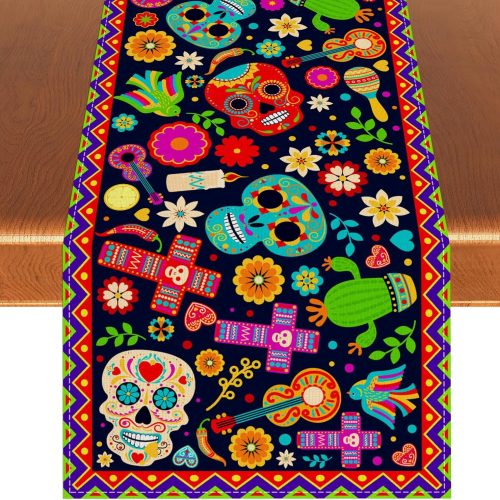1 Day of The Dead Table Runner Dia De Los Muertos Tablecloth Mexican Altar De Muertos Sugar Skull Decorations and Supplies for Home Table-13×72''