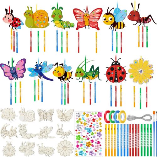 1 24 Sets Spring Wind Chime Craft Kit Butterfly Bee Flower Wind Chime Set Make Your Own Gifts DIY Coloring Wooden Decoration for Spring Themed Party Supplies