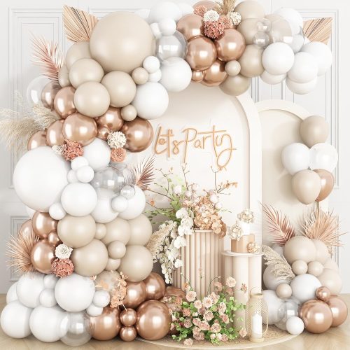 1 White Sand Balloon Arch Kit,Boho Balloon Garland with Champagne Gold White Cream Clear Balloons for Neutral Baby Shower Engagement Bridal Wedding Birthday Party Decoration
