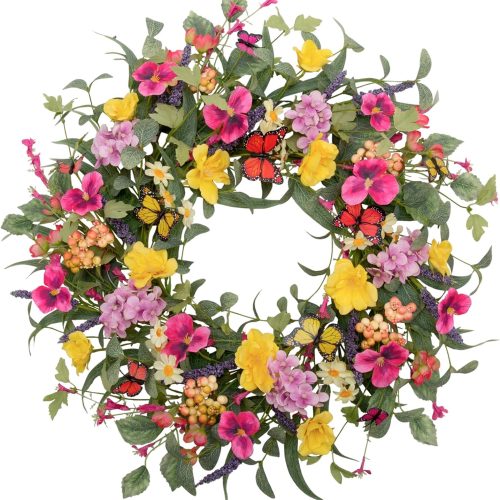 20 inch Flower Wreath Spring Door Wreath Artificial Summer Wreath Spring Decorations with Colorful Silk Flowers and Butterflies for Home Wedding Farmhouse Holiday Decor