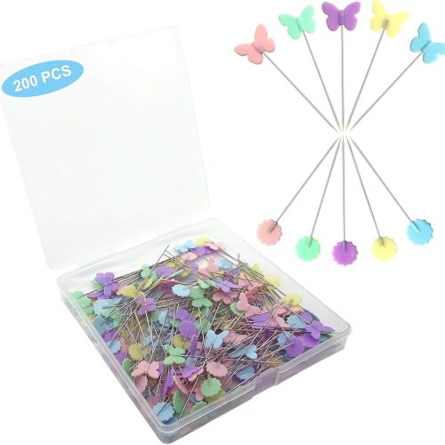 200pcs Sewing Pins Flat Head Straight Pins with Butterfly and Flower Colored Heads, Long 2.16inch Quilting Pins for Dressmaker, Craft, Sewing Project and DIY Decoration (Butterfly and Flower)