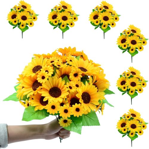 6 Pack Artificial Sunflowers Bouquet, Outdoor Artificial Flower with Stems, 60 Silk Sunflowers Heads, Fake Artificial Flowers for Outdoor Indoor Decoration, Wedding Table Home Porch Cemetery Decor