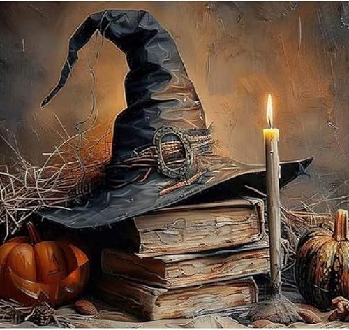 Halloween Diamond Art Kits for Adults. Halloween Diamond Painting kit for Adults Witch Hat Full Drill Round Gem Art 5D Diamond Dots Suitable Home Wall Decor 12x16inch