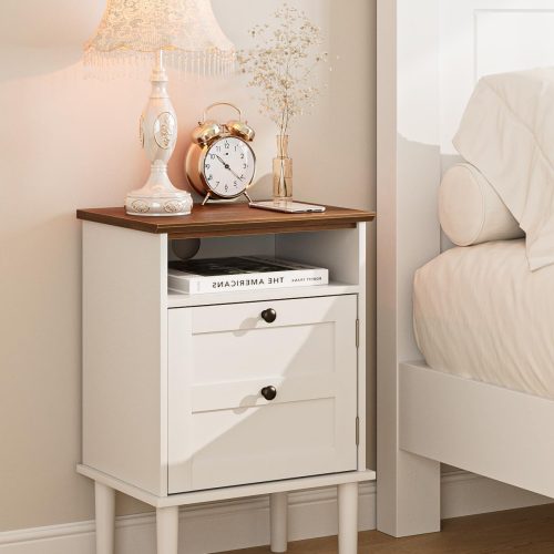 1 Nightstand, Boho Night Stand with 1 Drawer, Modern Side Accent Table with Open Shelf, Wooden Top Bedside End Table for Bedroom, Living Room, White
