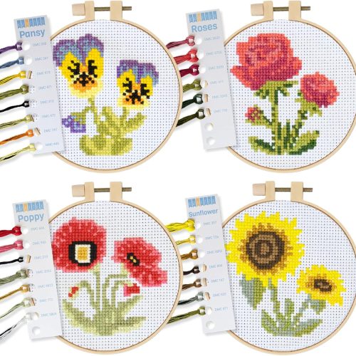 1 Stamped Cross Stitch Kits for Beginners (Flower Theme - 6.75 Inch - 4 Pack 1 x Embroidery Hoop) Embroidery Needlepoint Patterns for Adults, Includes Poppy, Rose, Sunflower and Pansy