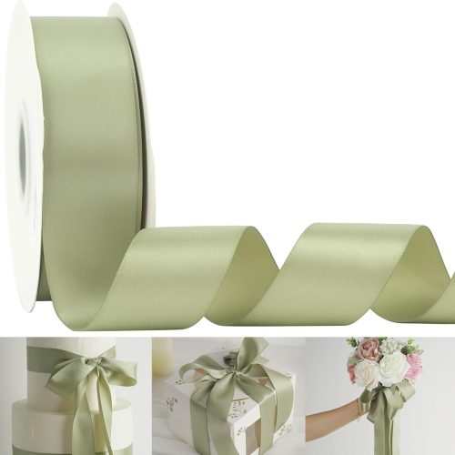 Double-Faced Satin Sage Ribbon 1-1/2 inch Dusty Sage Green Ribbon for Gift Wrapping, Flower Bouquet Wrap, Invitations, Bridal Shower Decor, Bows Making, Crafts- 50 Yards