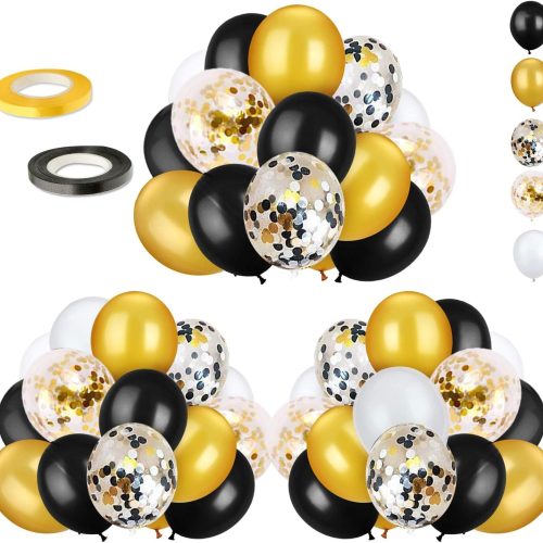 72 Pack Black Gold Confetti Balloons Kit, 12 Inch Black Gold White Balloons and Gold Confetti Balloons with Balloon Ribbons for Graduation Birthday Wedding Baby Shower Party Decorations