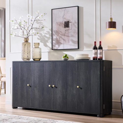 Curved Buffet Cabinet with Doors, 66" Large Sideboard Buffet Storage Cabinet with 4 Doors and Shleves, Modern Coffee Bar Station Wood Kitchen Table for Kitchen, Dining Room, Dark Grey