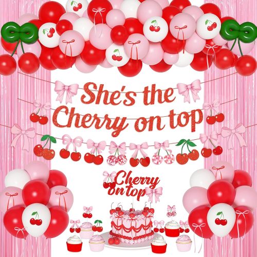 Cherry Party Decorations She's The Cherry On Top Banner Summer Fruit Cherries Themed Decor with Bow Cake Topper Pink Red White Balloons Fringe Curtains for Birthday Baby Shower Wedding Bridal Shower