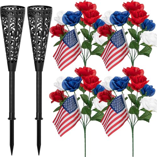 4 Bunches Memorial Day Artificial Flowers, Red Blue White Cemetery Flower with Spikes and Flags, Patriotic Bouquet Decorations for Veterans Day 4th of July Independence Day Grave Home Decor