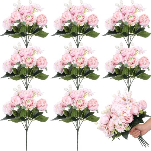 8 Bouquets Wedding Silk Peony Hydrangea Flowers with Stems 12.6" H Elegant Faux Vintage Artificial Flowers for Decoration for DIY Table Party Decor Centerpieces Home(Light Pink)