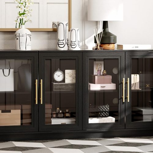 Buffet Cabinet with Storage,63" Large Dining Room Furniture Sideboard Buffet Table with 4 Glass Doors, Glass Display Cabinet,for Kitchen,Modern, Black