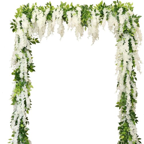 Wisteria Artificial Flowers Garland, 2Pcs Total 14.4ft Silk Faux Wisteria Vine Kit, Hanging Flower Plant for House Outdoor Garden Ceremony Outside Wedding Arch Floral Decor (2, White)