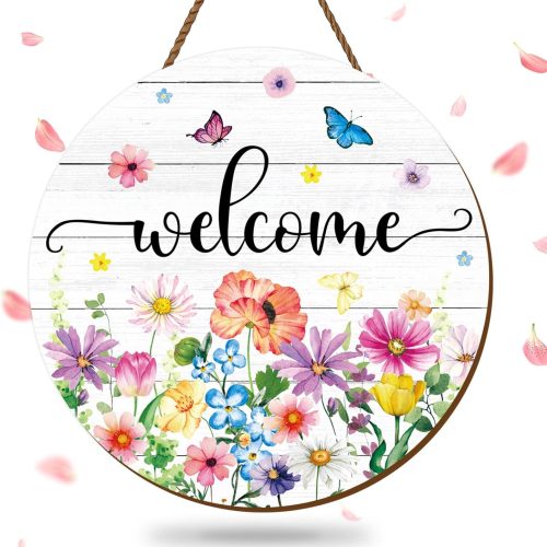 Summer Flower Welcome Door Sign Wildflower Wooden Hanging Sign Floral Butterfly Door Hanger Sign for Spring Summer Indoor Outdoor Farmhouse Home Porch Window Decor