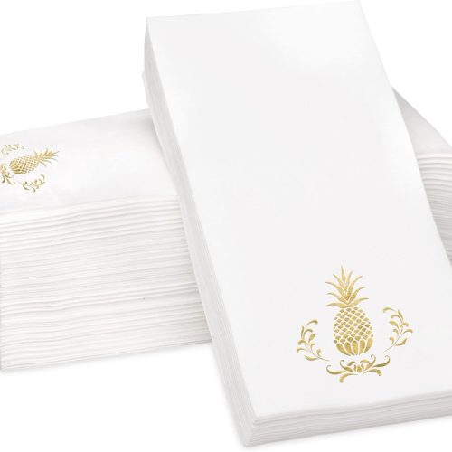Pineapple Gold Foil Stamped Airlaid Paper Dinner Napkins, 1/6 Fold 12"x17" Disposable Guest Hand Towels - Absorbent, Linen-Like, Weddings, Receptions, Parties, Bathroom (Gold, 100 Count)