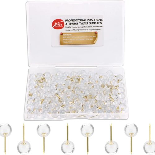 Push Pins 1/3 Inch Gold Map Tacks 100-Count Large Size Pins Golden Steel Point and Transparent Plastic Round Head (Gold)
