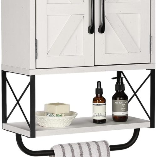 Farmhouse Rustic Medicine Cabinet with Two Barn Door,Wood Wall Mounted Storage Cabinet with Adjustable Shelf and Towel Bar, 3-Tier Cabinet for Bathroom, Living Room(Vintage White)