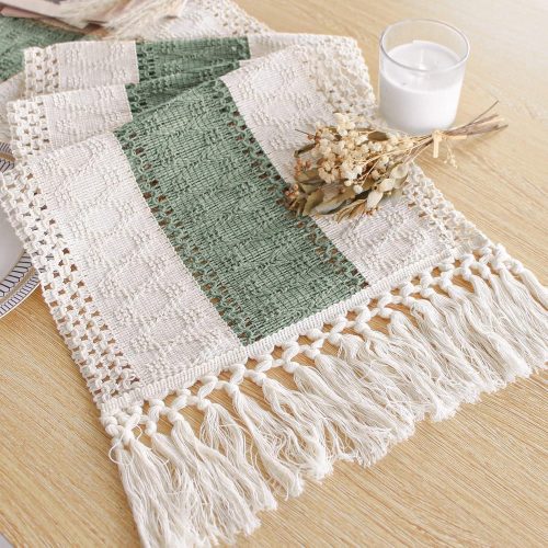 Sage Green Table Runner 72 Inches Long with Tassels Boho for Easter Decor Macrame Farmhouse Table Runners for Home Decor Party Bohemian Rustic Bridal Shower Dining Decorations(12x72 Inches)
