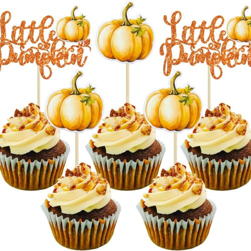 24Pcs Little Pumpkin Cupcake Toppers Glitter Baby Shower Pumpkin Cupcake Picks for Thanksgiving Day Theme Birthday Thanksgiving Party Decorations Supplies Orange