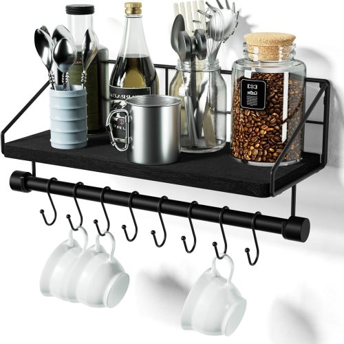 Floating Shelves Wall Shelves for Bedroom, Bathroom Shelves Wall Mounted with Towel Bar, Kitchen Rustic Wood Shelf with Hooks for Hanging Cooking Utensils or Mugs