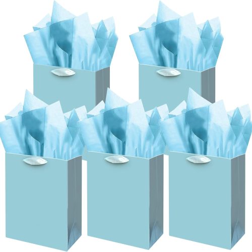 Lake Blue Gift Bags with Tissue Paper for Wedding, Birthday, Party Supplies - Medium Size Cardboard Gift Bags (5pcs + 10pcs Tissue Paper)