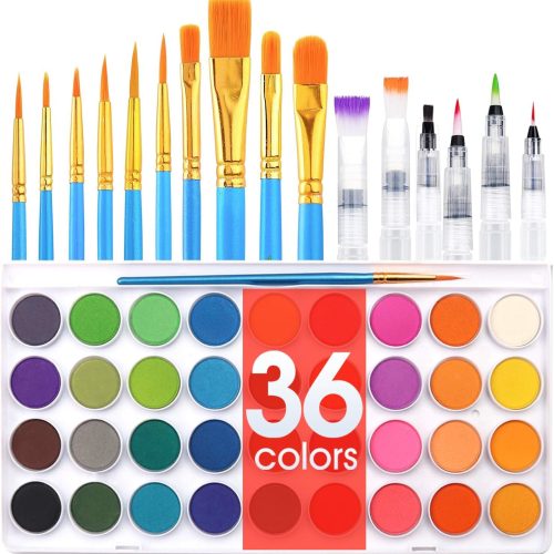 36 Colors Watercolor Paint Set, Watercolor Pan Set with 10 Nylon Brushes and 6 Refillable Water Brushes. Perfect for Adults and Beginner Artists