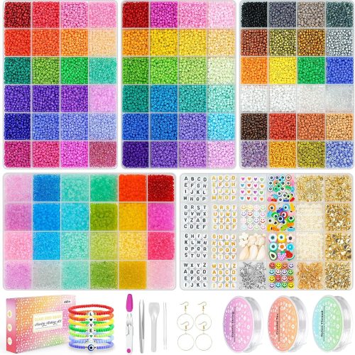 Friendship Bracelet Kit 3mm Seed Beads, 30000 Pcs 8/0 96 Colors Small Glass Beads Bulk with Letter Bead Charms for Jewelry Making Gifts Rings Necklaces Waist Chain DIY Arts and Crafts