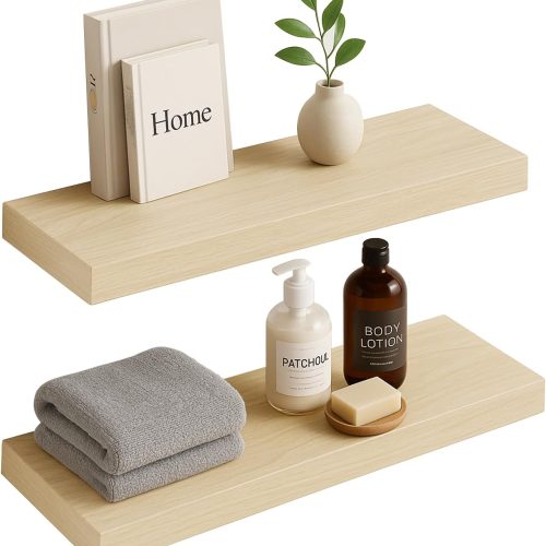 White Oak Floating Shelves for Wall, 24 in Wall Mounted Shelves Perfect for Bedroom, Bathroom, Living Room and Kitchen Decoration Storage（Set of 2）