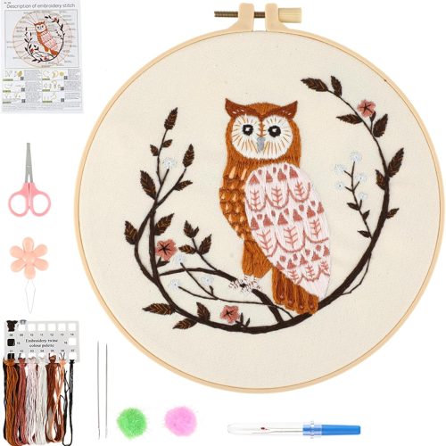 Beginner Embroidery Kit for Adults, Owl Cross Stitch Kits with 7.9" Hoop, Threads, Needles, Learn Stitches with Pre-Printed Patterns, Video Tutorial, DIY Needlework Craft Gift for Women