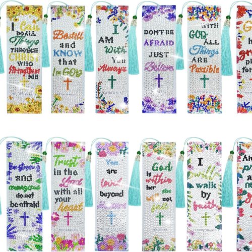 12Pcs Christian Bible Verse Diamond Art Bookmark for Adults Flower Cross 5d Diamond Painting Bookmarks with Tassel for DIY Making Kit for Reading Lover Book Lover DIY Crafts Religious Gift