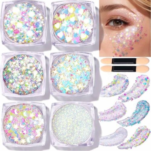 1 Face Glitter Body Glitter, Clear White Body Glitter Gel, Hair Glitter Gel, 6 Shapes Rave Glitter, Mermaid Sequins Makeup Glitters Face Paint, Chunky Sparkling Glitter Gel for Women