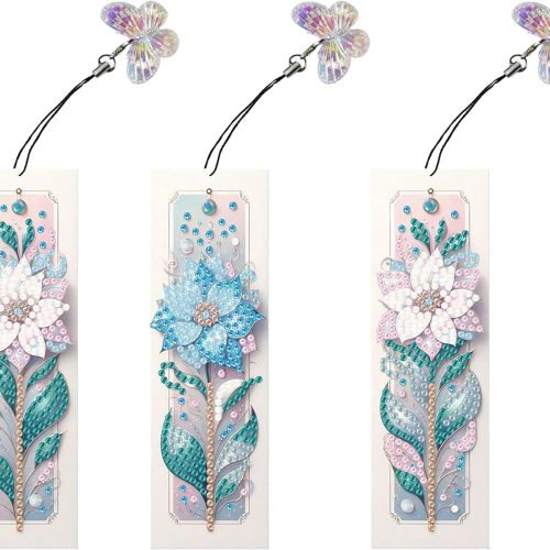 3pcs Diamond Art Bookmarks,Diamond Painting Bookmark Kits for Adult,DIY Gem Art Small Crafts with Rhinestone Tassel,Paint by Diamonds for Graduation Birthday Reader Gifts. (Flower-1)