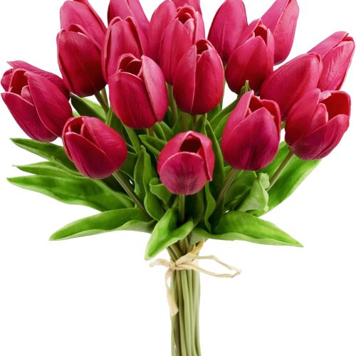 Artificial Tulips 20 Stems Hot Pink PU Faux Flowers for Valentine's Day and New Year Decorations Wedding Home Decor 13.5 Inch