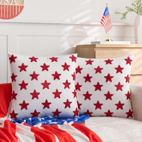 4th of July Pillow Covers 16x16 Inch Set of 2 Embroidery American Star Patriotic Throw Pillow Covers Usa Star Soft Short Plush Pillow Case Cushion Cases Couch Sofa Independence Memorial Day Decor