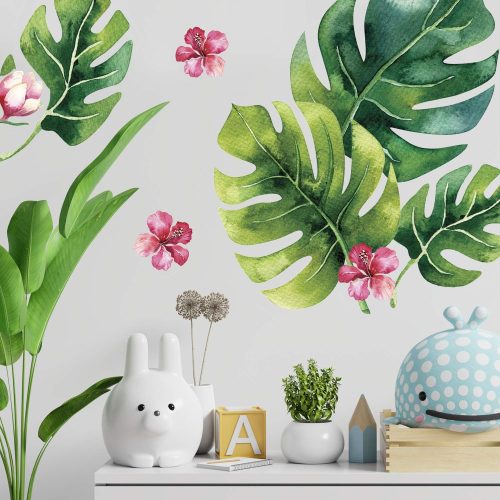 Tropical Flower Palm Leaf Wall Stickers - Tropical Leaves Decals - Foliage Monstera Wall Decal - Jungle Theo Leaf Decals - Banana Greenery Vinyl Décor Cling with Gift
