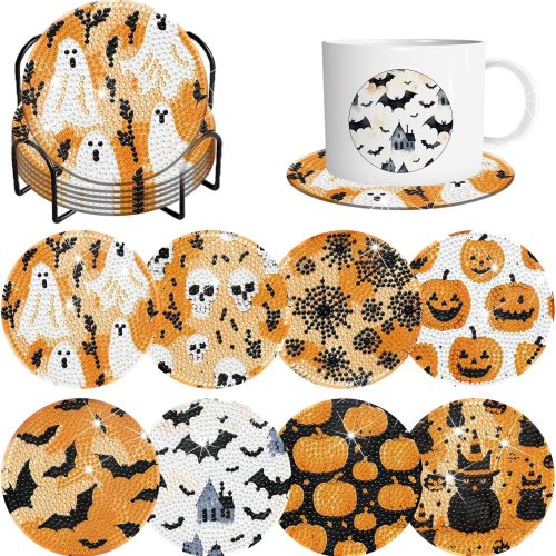 8 Pieces Halloween Diamond Art Coasters with Holder DIY Halloween Diamond Dot Coasters 5d Full Drill Diamond Coasters for Adults Halloween Diamond Painting Kits Supplies for Gift