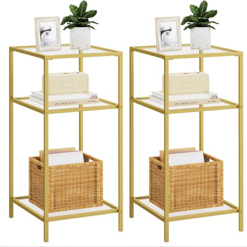3-Tier Side Tables Set of 2, End Tables with Tempered Glass, Nightstands with Storage Shelves, Slim Sofa Tables for Living Room, Bedroom (2, Golden)