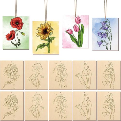 10 Pieces Large Flowers Unfinished Wood Crafts to Paint for Adults, Bulk Predrilled Wooden Ornaments for Painting, Tulips Flower Paintable Wood Slices Craft Supplies with Ropes