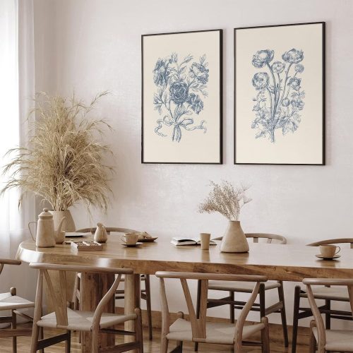 Blue Floral Wall Art Decor Vintage Flower Canvas Pictures Boho Botanical Wall Art Prints Minimalist Floral Poster Rustic Flower Painting for Bedroom Bathroom 12x16 Inch Unframed Set of 2