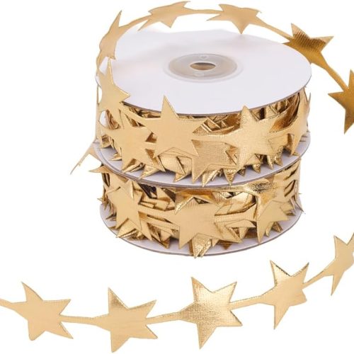 2 Rolls 22 Yards Gold Star Ribbon Trim Stars Shape Glitter Sparkly Polyester Fabric Decorative Chrismas Trimming Bulk with Spool for Sewing Making Crafts Gift Wrapping Wreaths Home Decor DIY